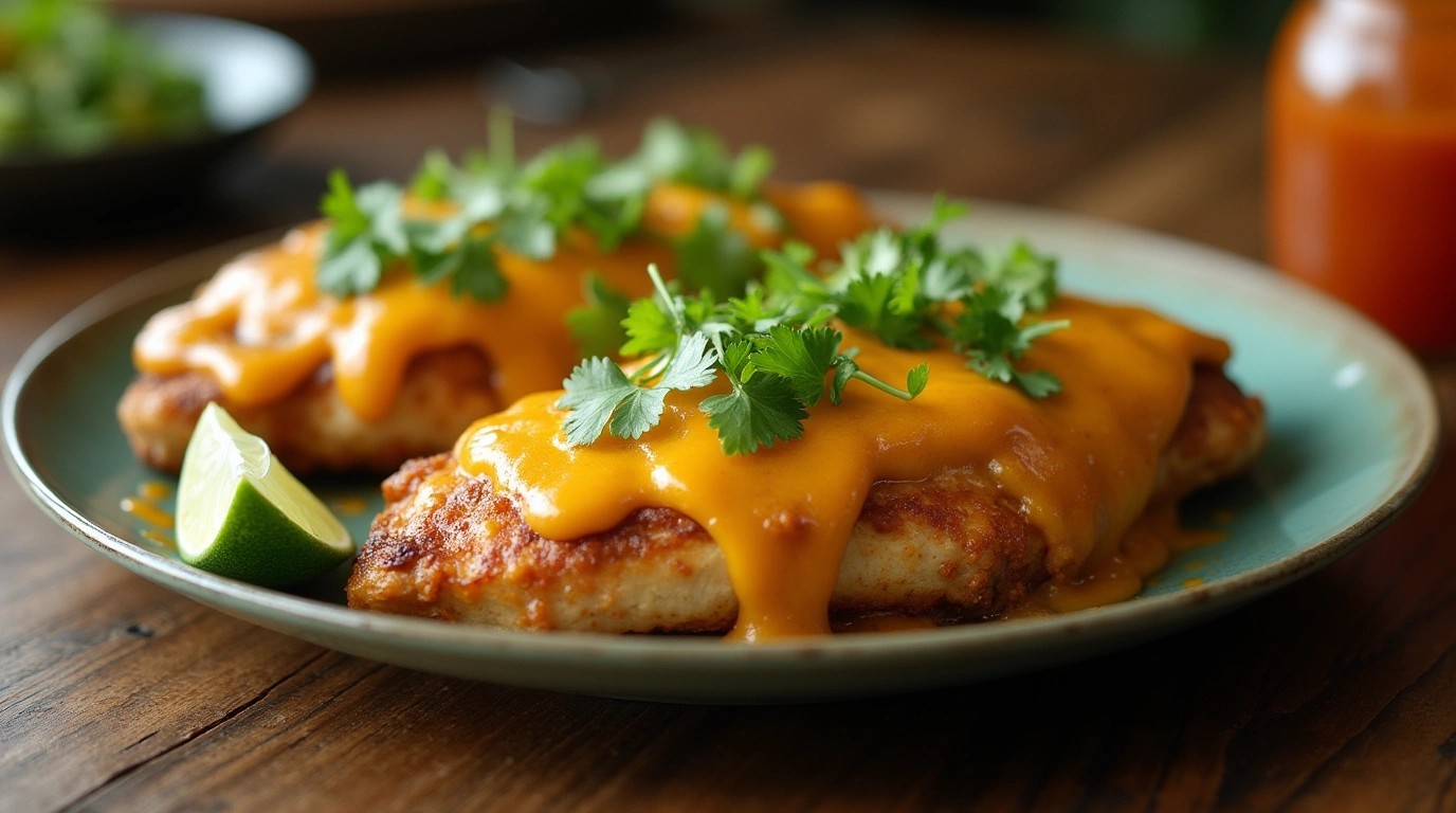 Plated Fiesta lime chicken recipe with creamy topping, melted cheese, and fresh cilantro.